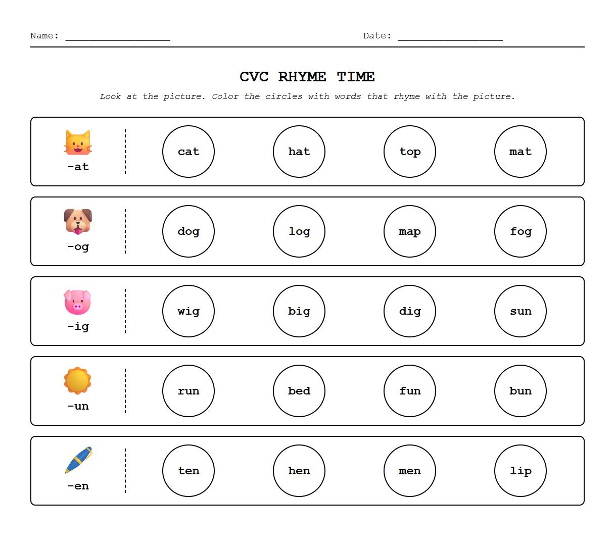 Kindergarten CVC Word Family Phonics Coloring Worksheet for Rhyming Word Families