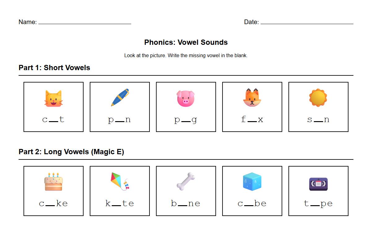 Kindergarten Phonics Worksheet for Filling in Blanks with Short and Long Vowel Words