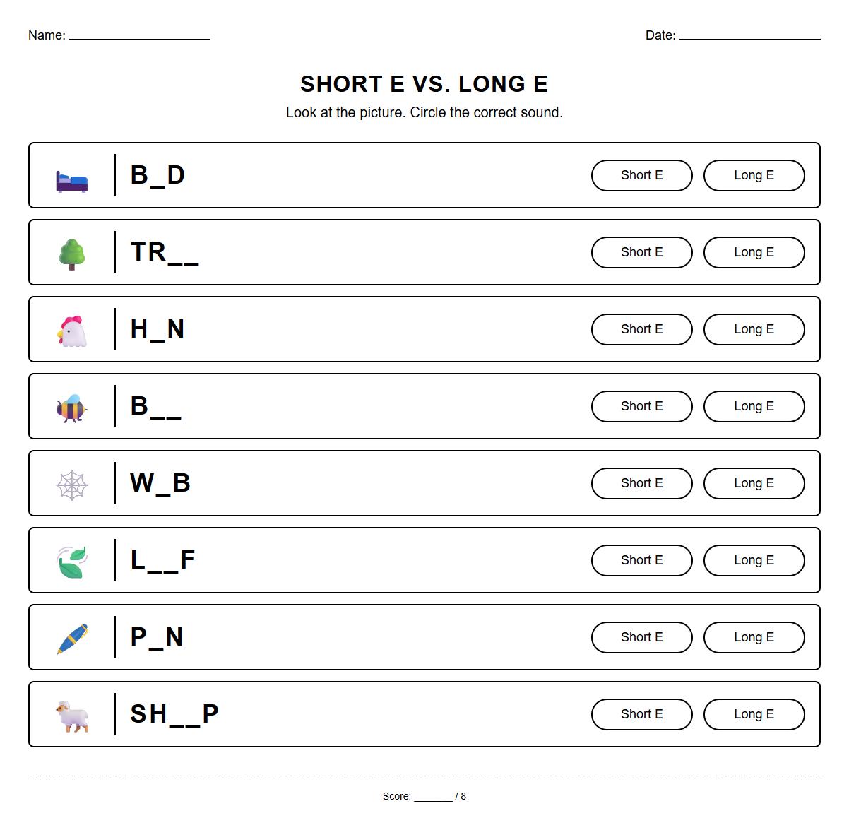 Kindergarten Phonics Worksheet for Matching Words with Short and Long E Sounds