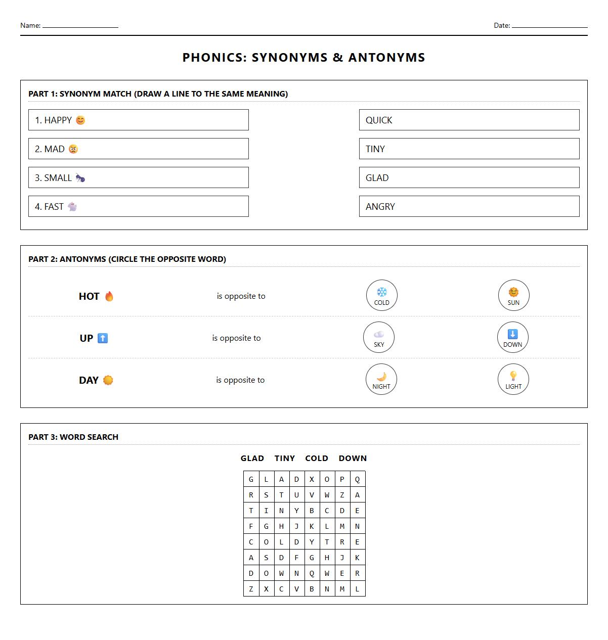 Kindergarten Phonics Worksheets: Synonyms and Antonyms Word Search
