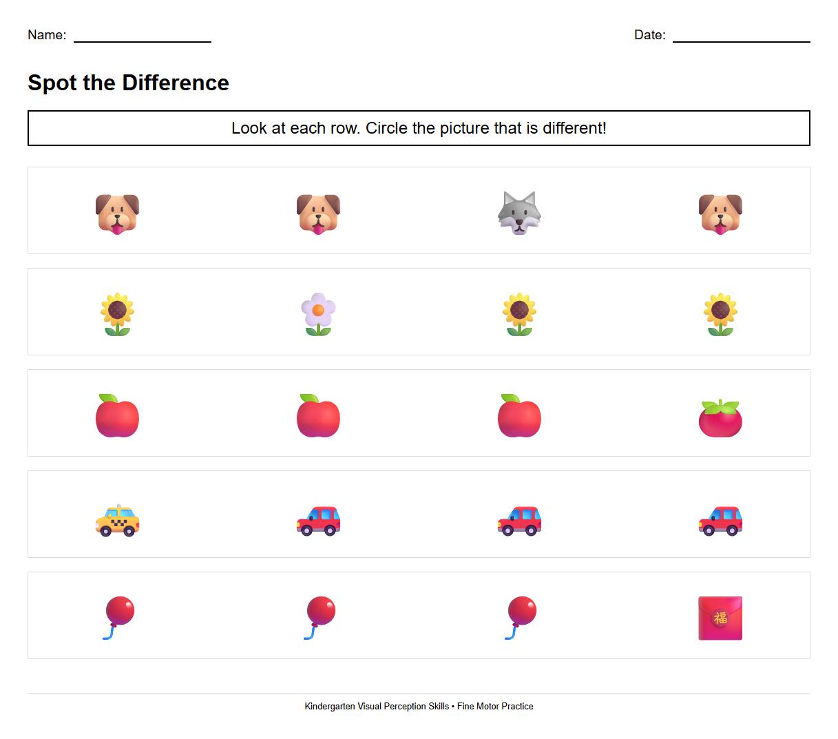 Kindergarten Spot the Difference Worksheet for Spatial Awareness and Visual Perception