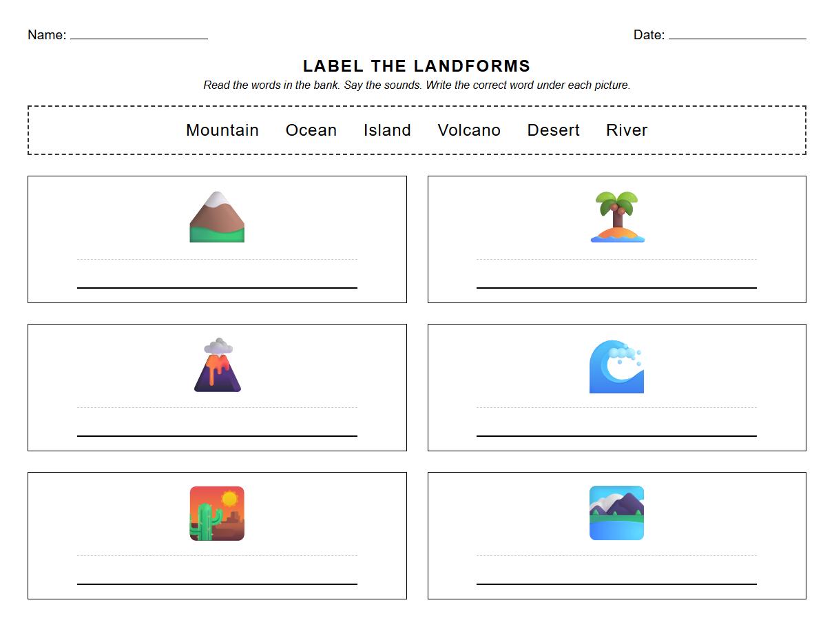 Label the Landforms Phonics Worksheet