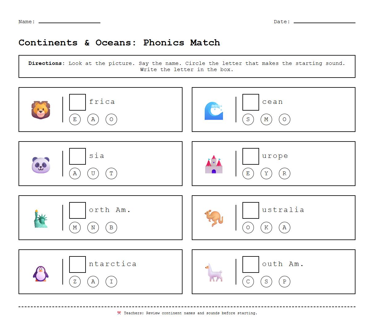 Labeling Continents and Oceans Phonics Matching Worksheet