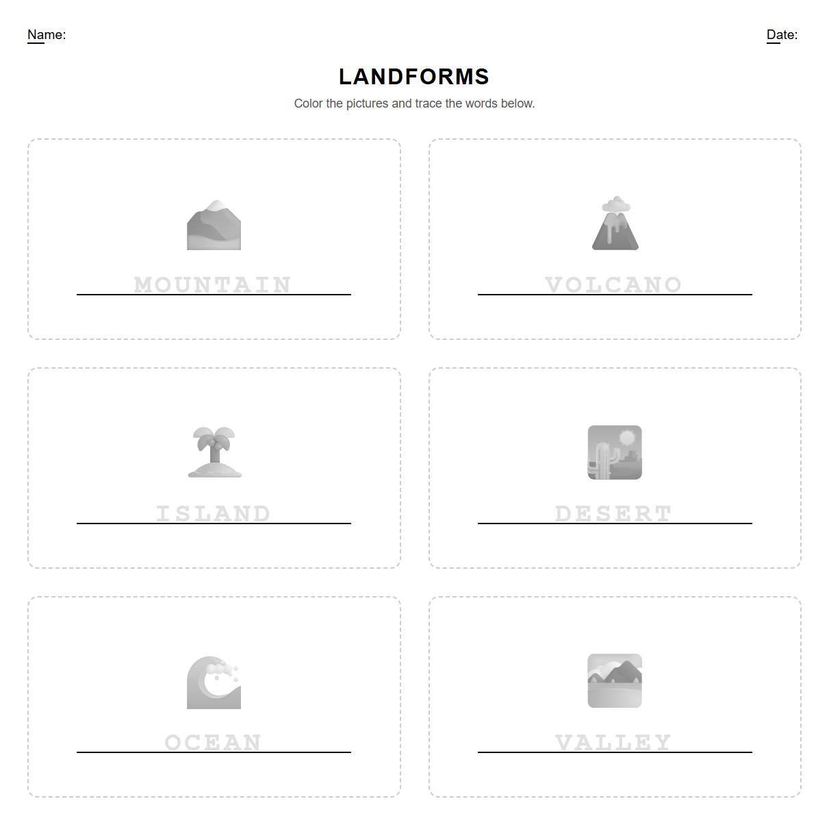 Landform Vocabulary Color and Trace Worksheet