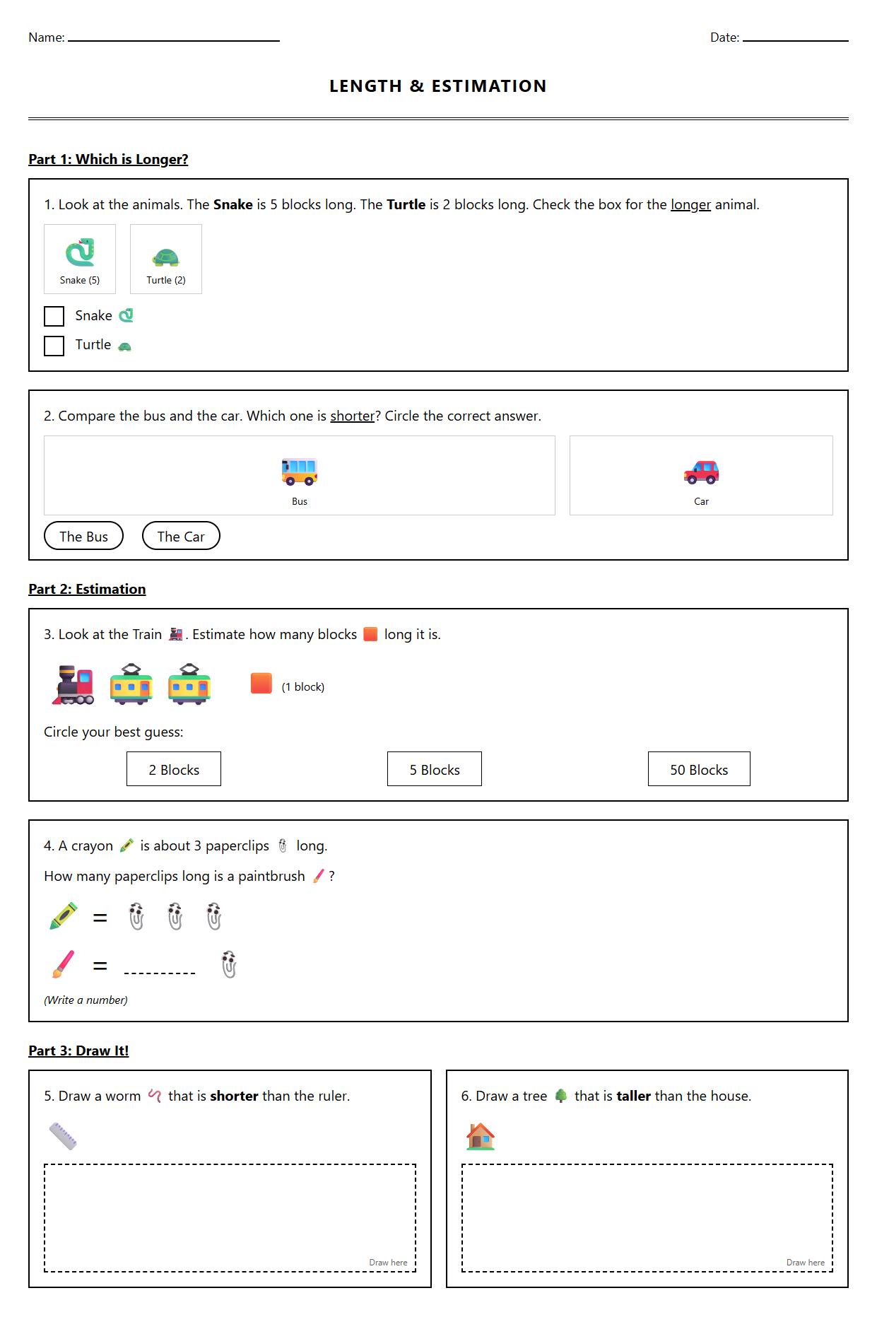 Length Comparison and Estimation Word Problems Worksheet