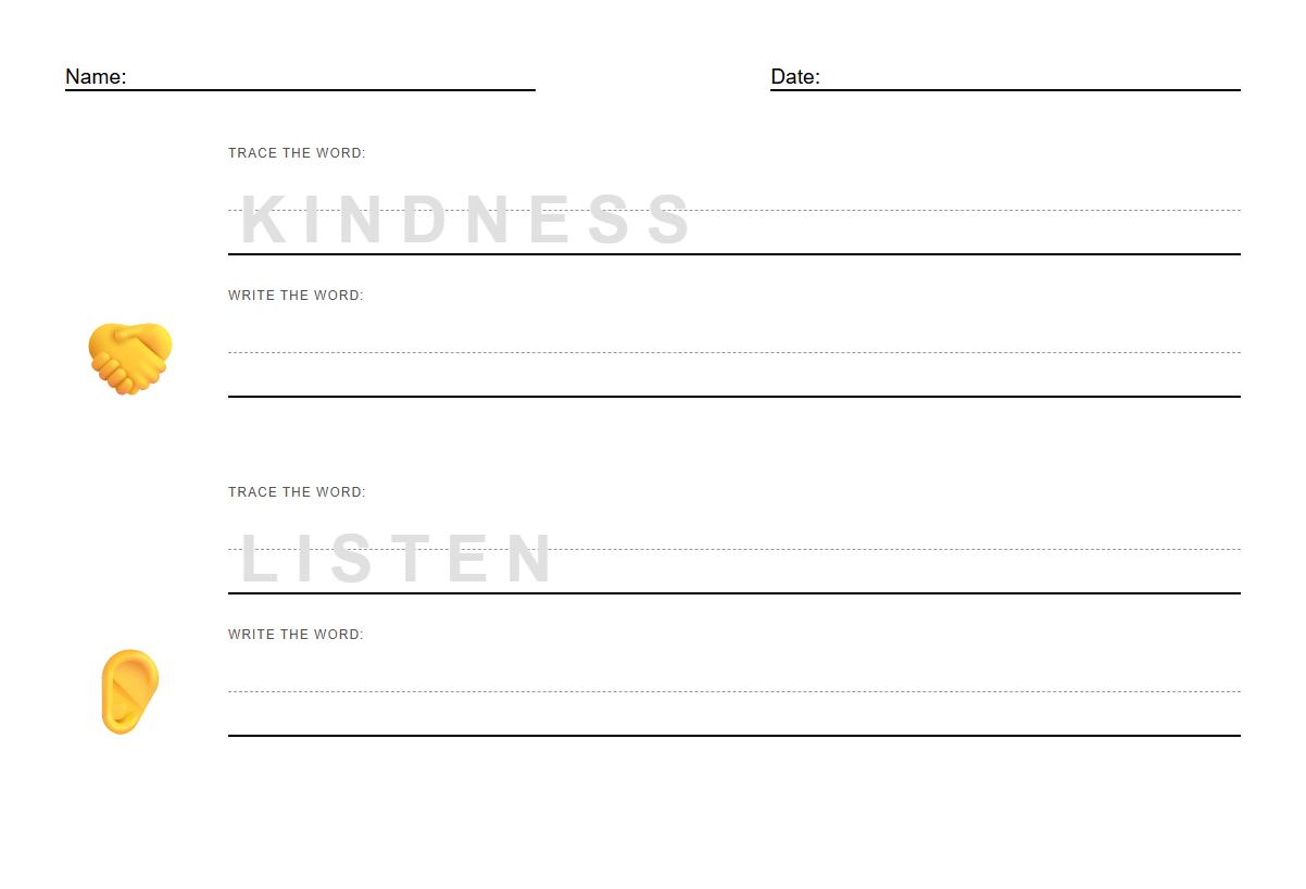 Letter formation practice for words like kindness and listen