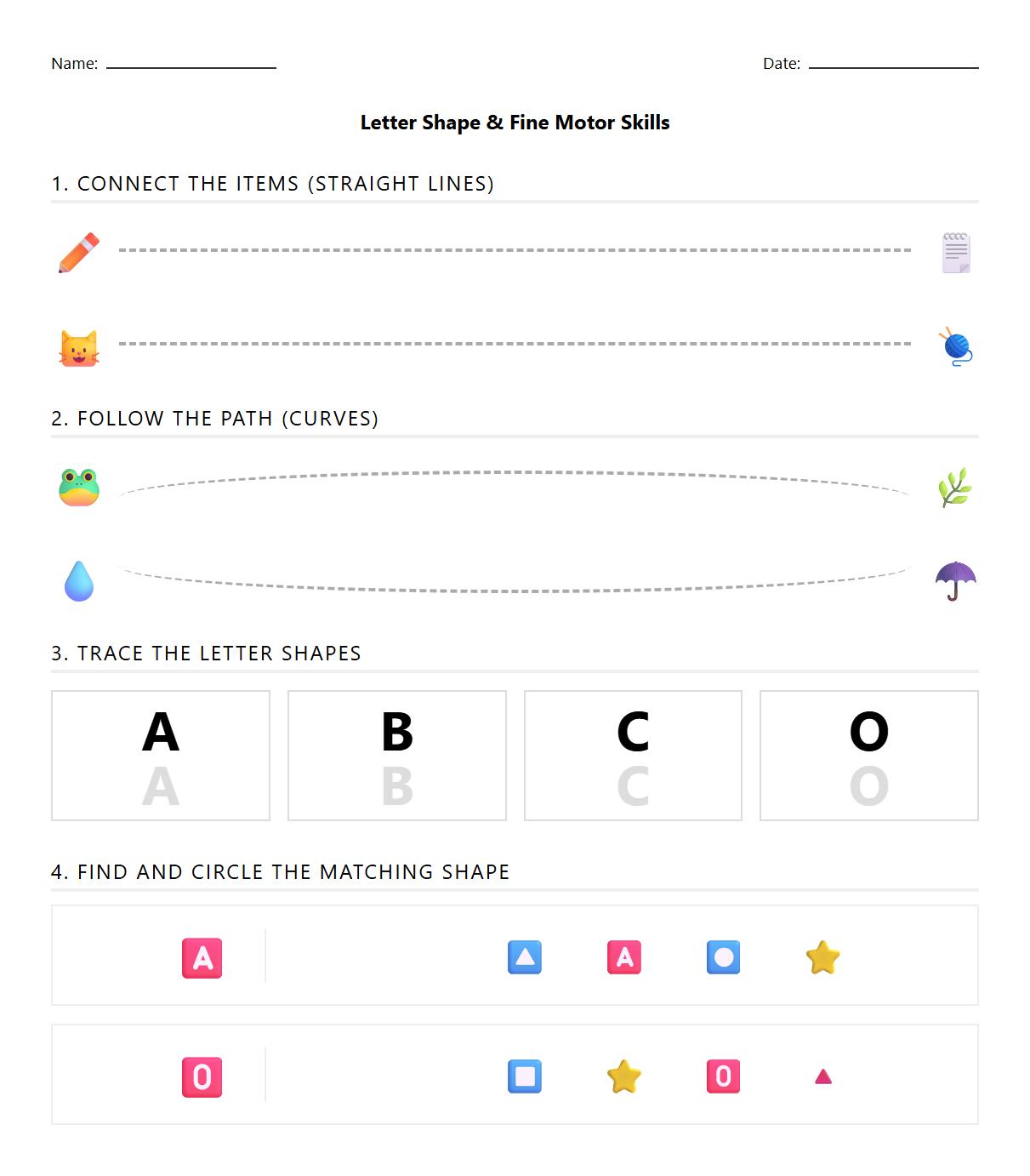 Letter Shape Identification with Guided Curves and Lines Worksheet