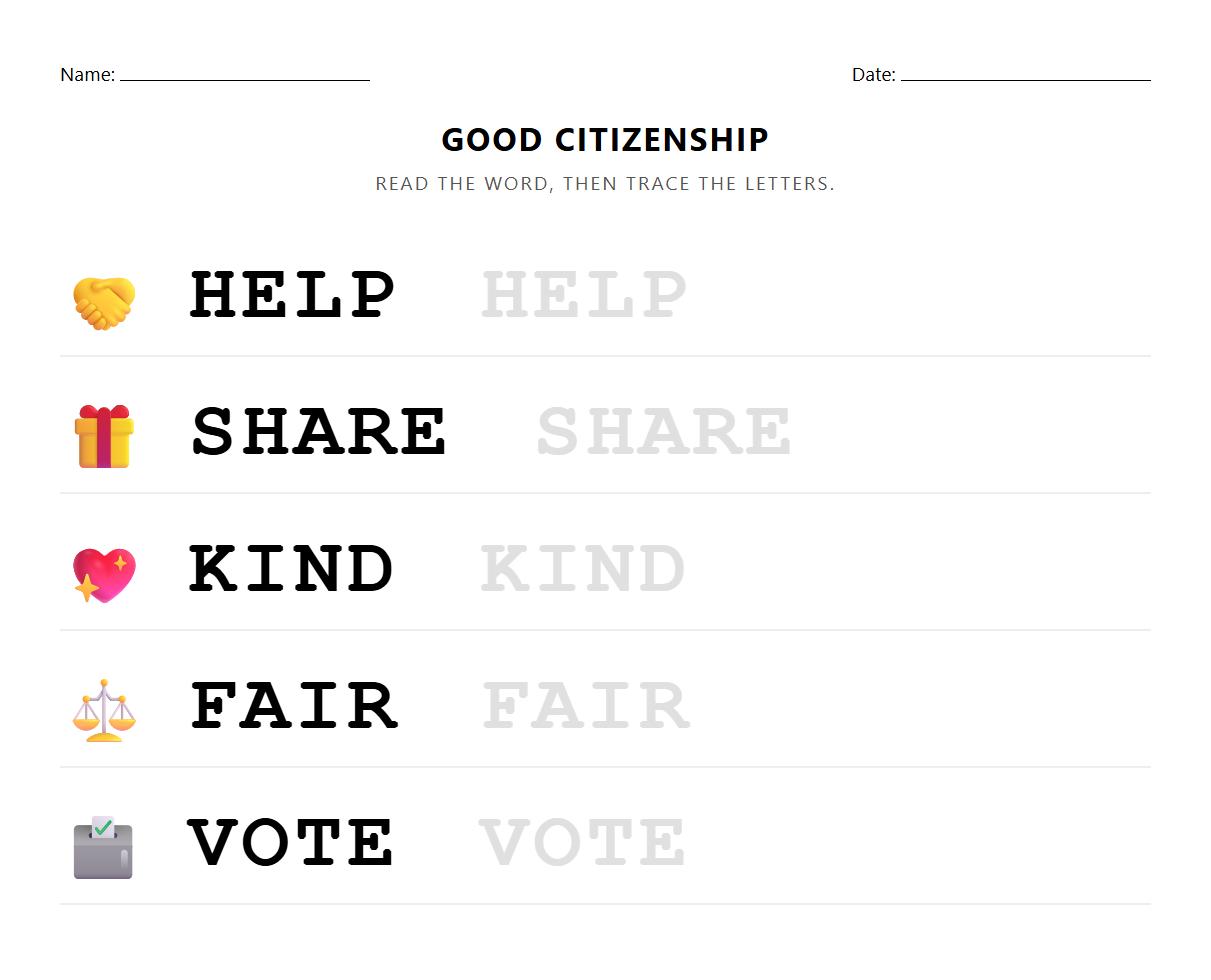 Letter Tracing with Good Citizenship Vocabulary Worksheet