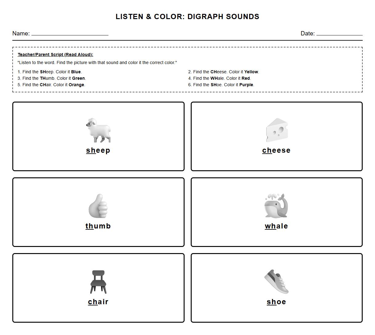 Listen and Color According to Digraph Instructional Cues