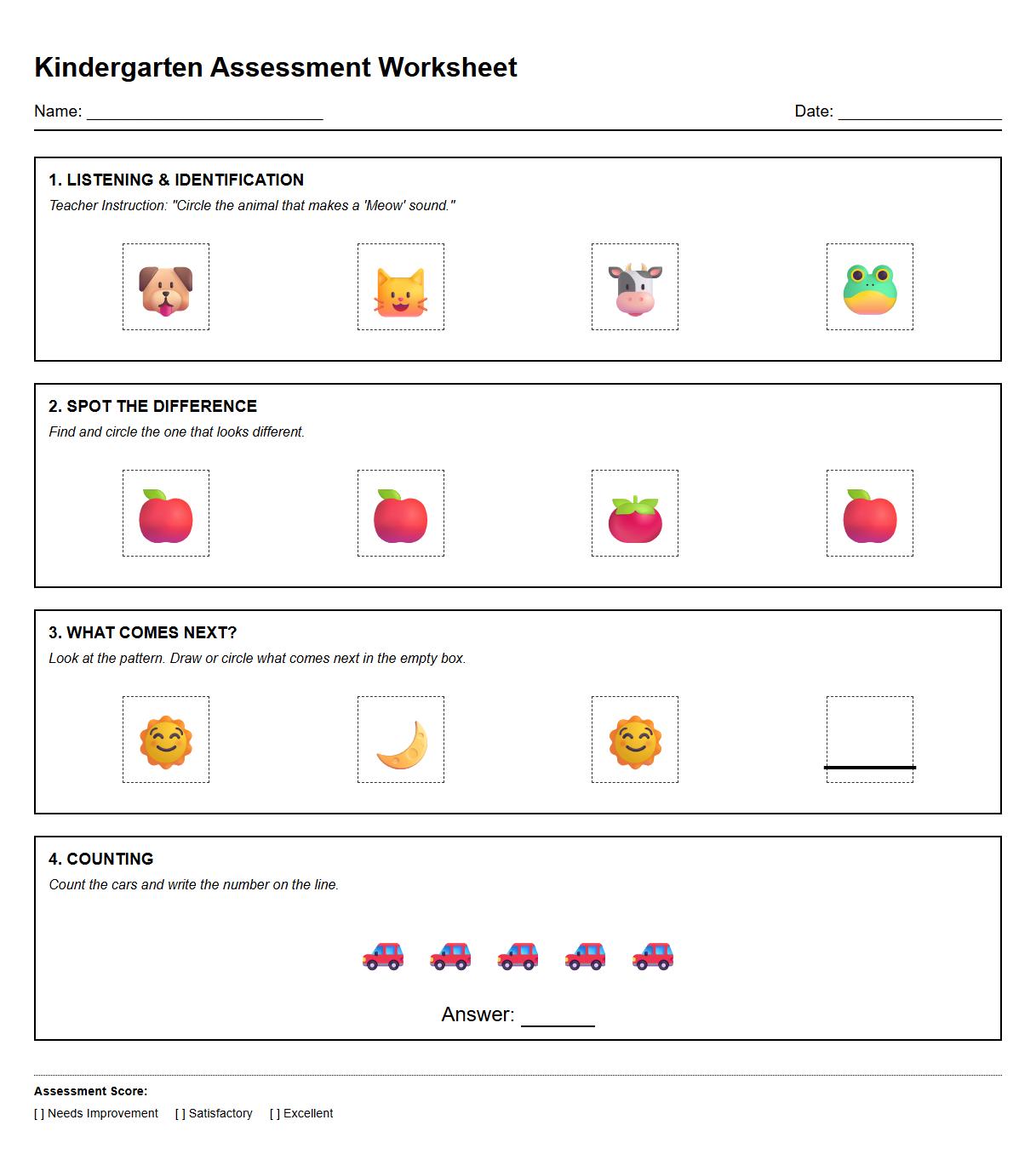 Listening Skills Spot the Difference Worksheet for Kindergarten Attention Span Assessment