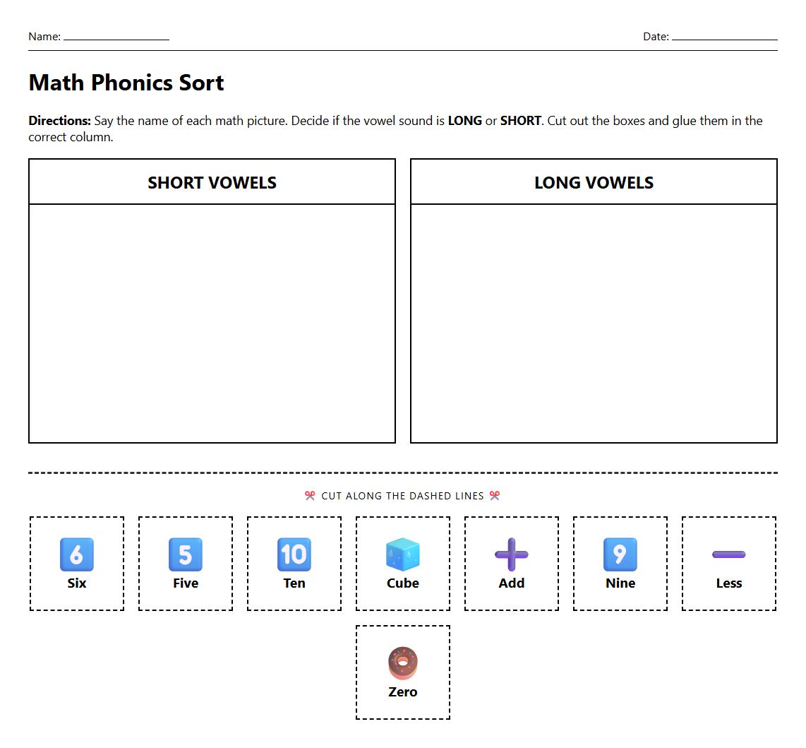 Long and Short Vowel Phonics Sort