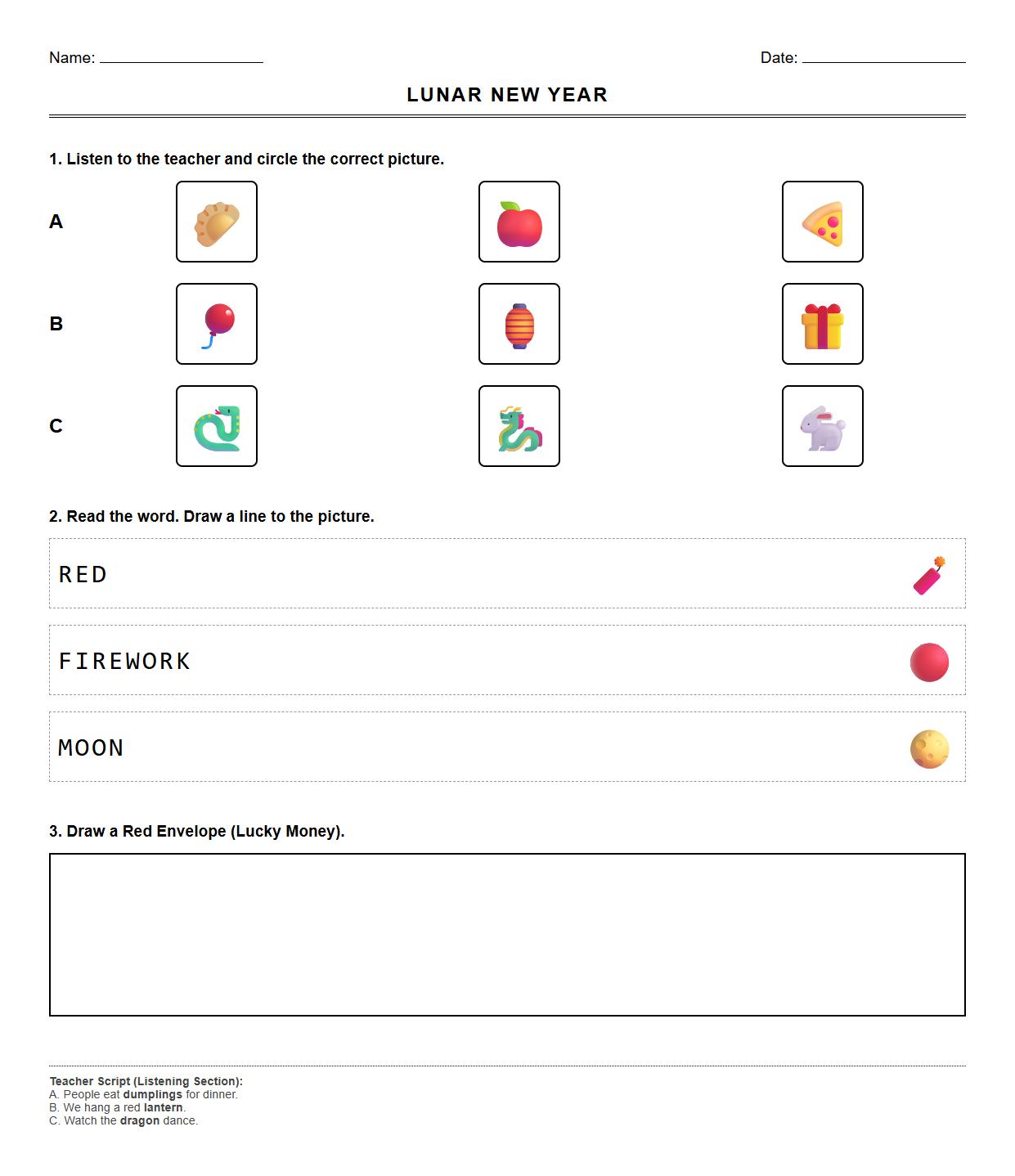 Lunar New Year Listening and Reading Comprehension Exercise