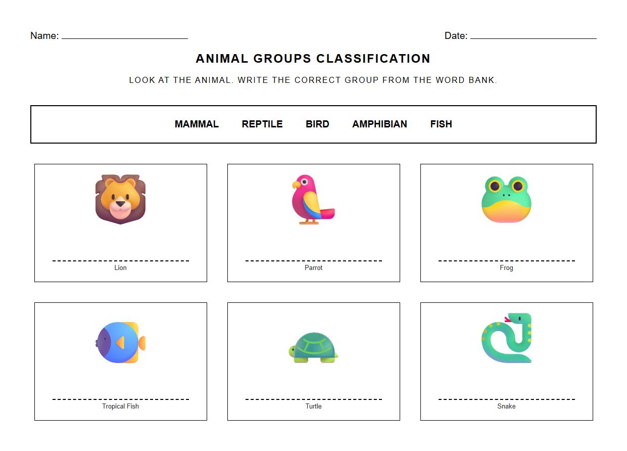 Mammals Reptiles Birds Amphibians Fish Labeling Worksheet
