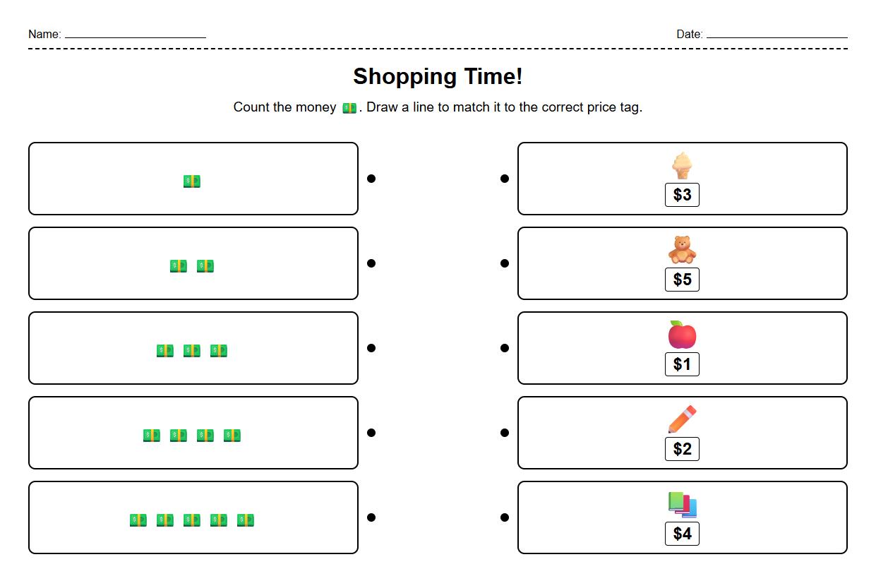 Matching dollar bills to price tags in a pretend shopping activity