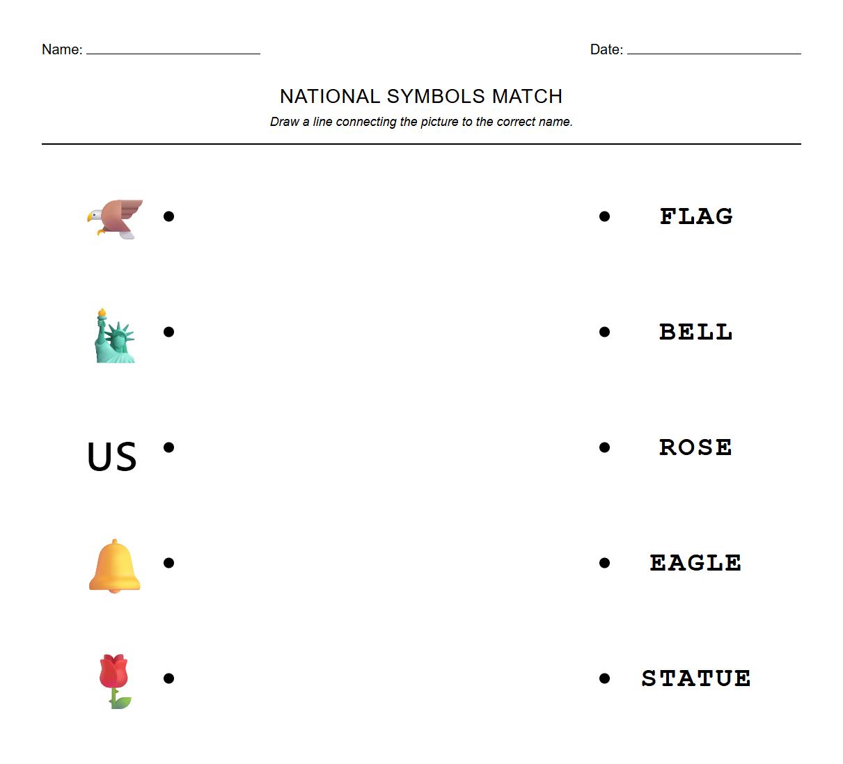 Matching National Symbols to Their Names Phonics Worksheet