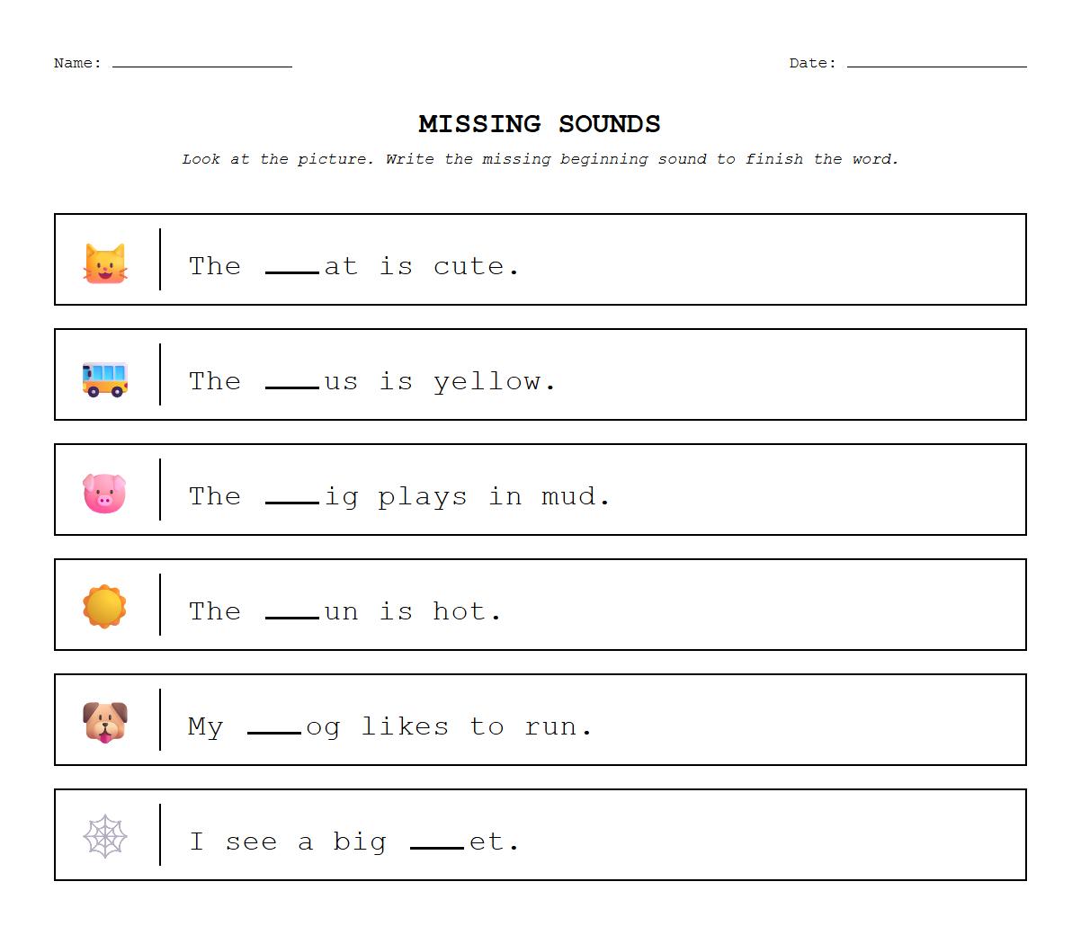 Missing Sound in Sentence Completion Worksheets