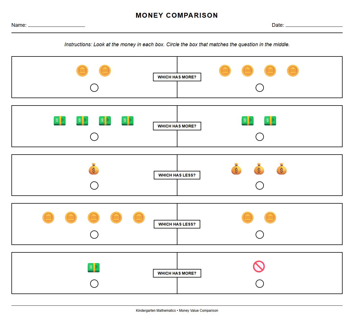 Money comparison worksheet for deciding which set has more or less value