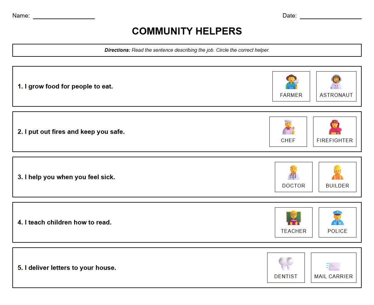 Multiple Choice Community Helpers Job Description Worksheet