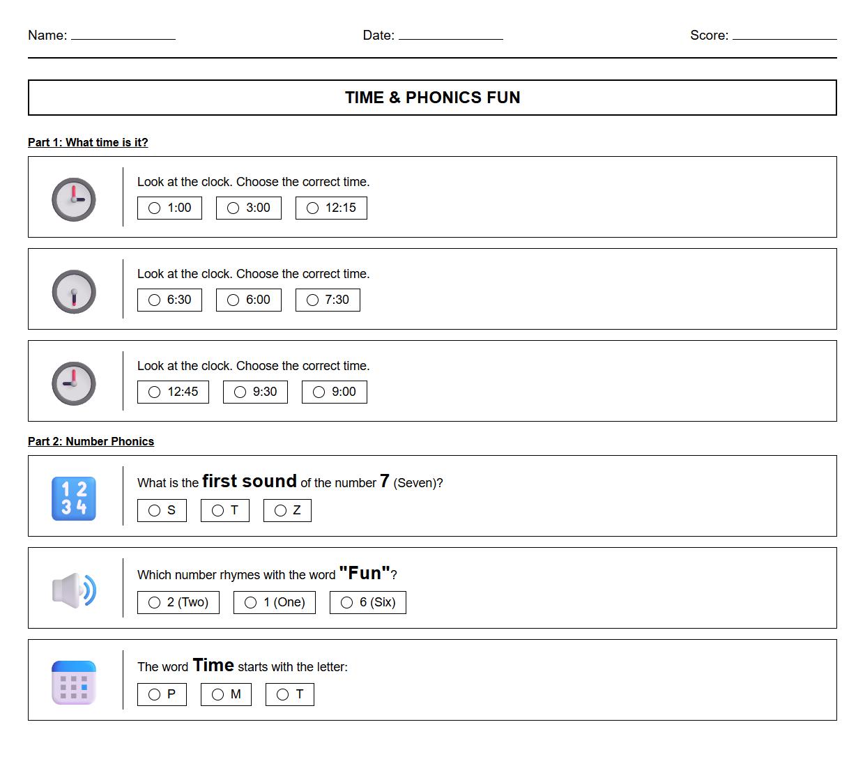 Multiple Choice Questions on Time Recognition and Phonics Integration