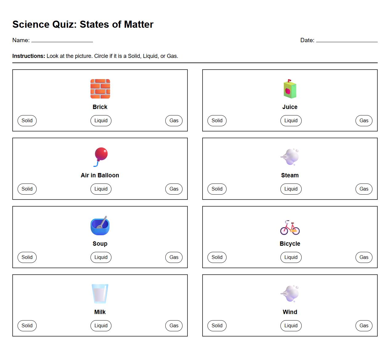 Multiple Choice Solid Liquid Gas Categorization Quiz