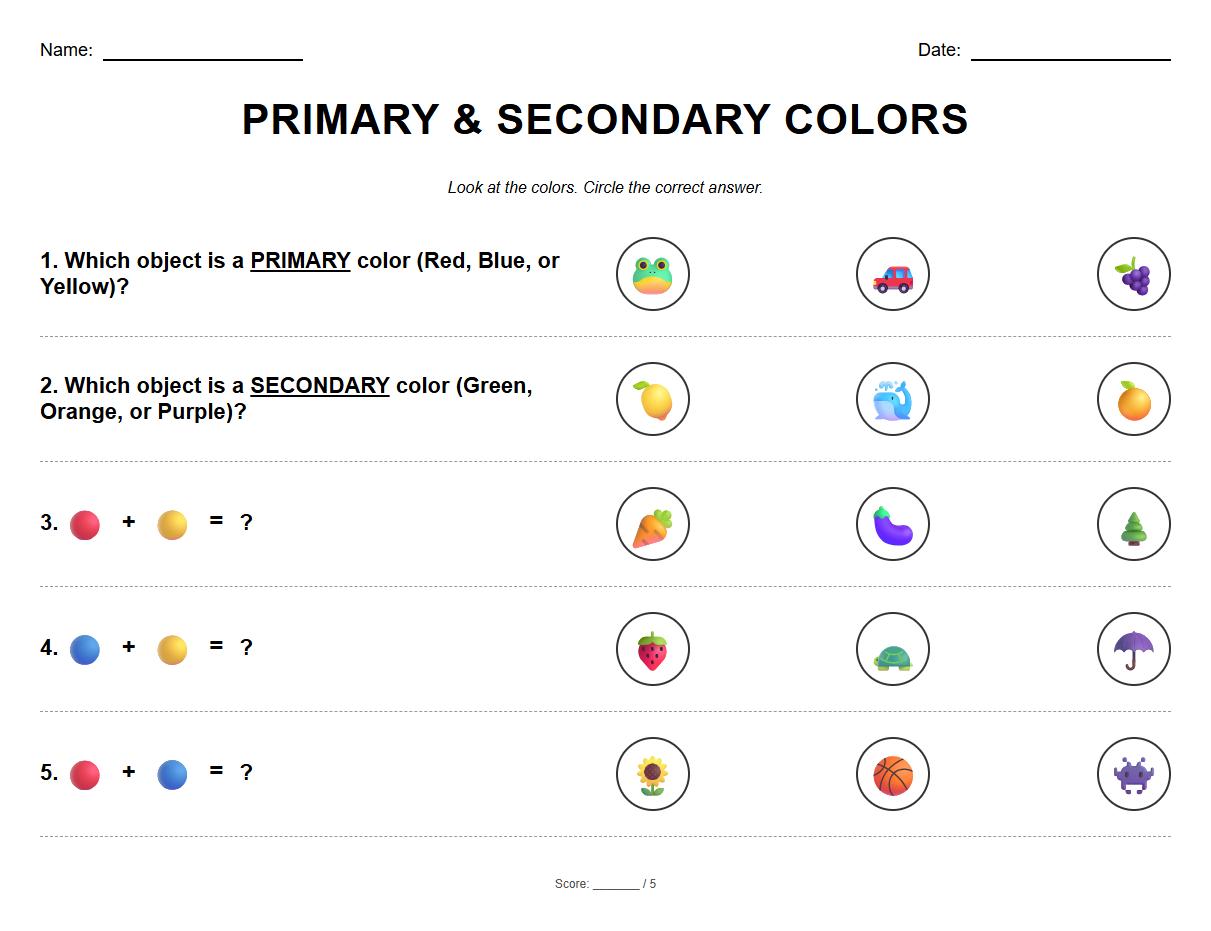 Multiple Choice Worksheet for Differentiating Primary and Secondary Colors