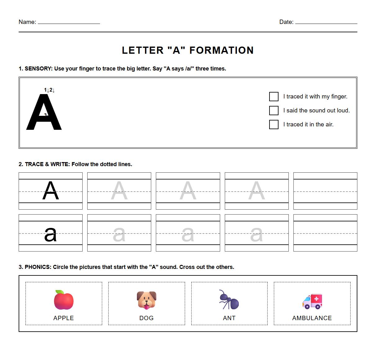 Multisensory Letter Formation with Phonics Patterns Worksheet