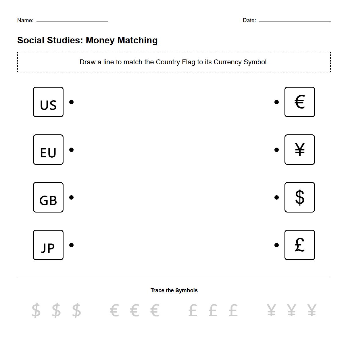 National Currency Symbol Symbol Image Worksheet for Kindergarten