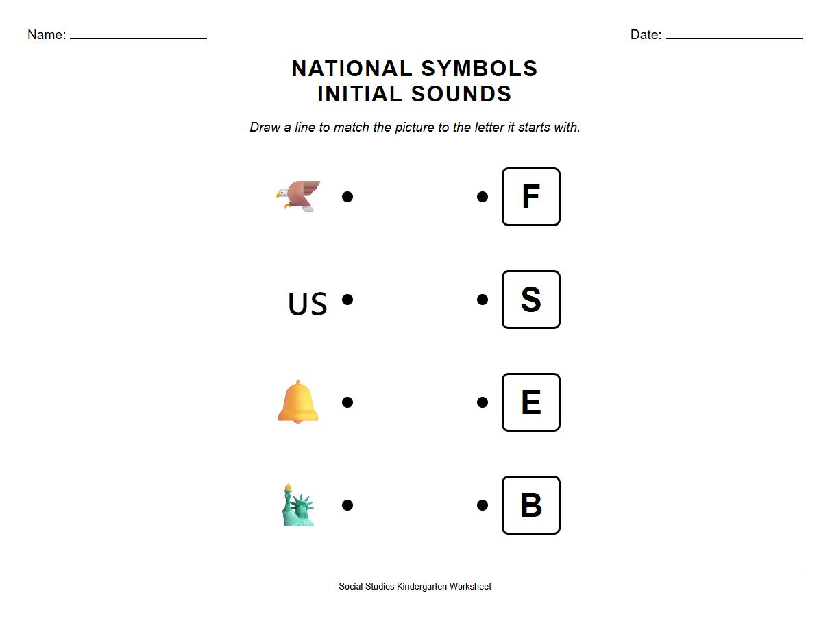 National Symbols Initial Sounds Matching Worksheet