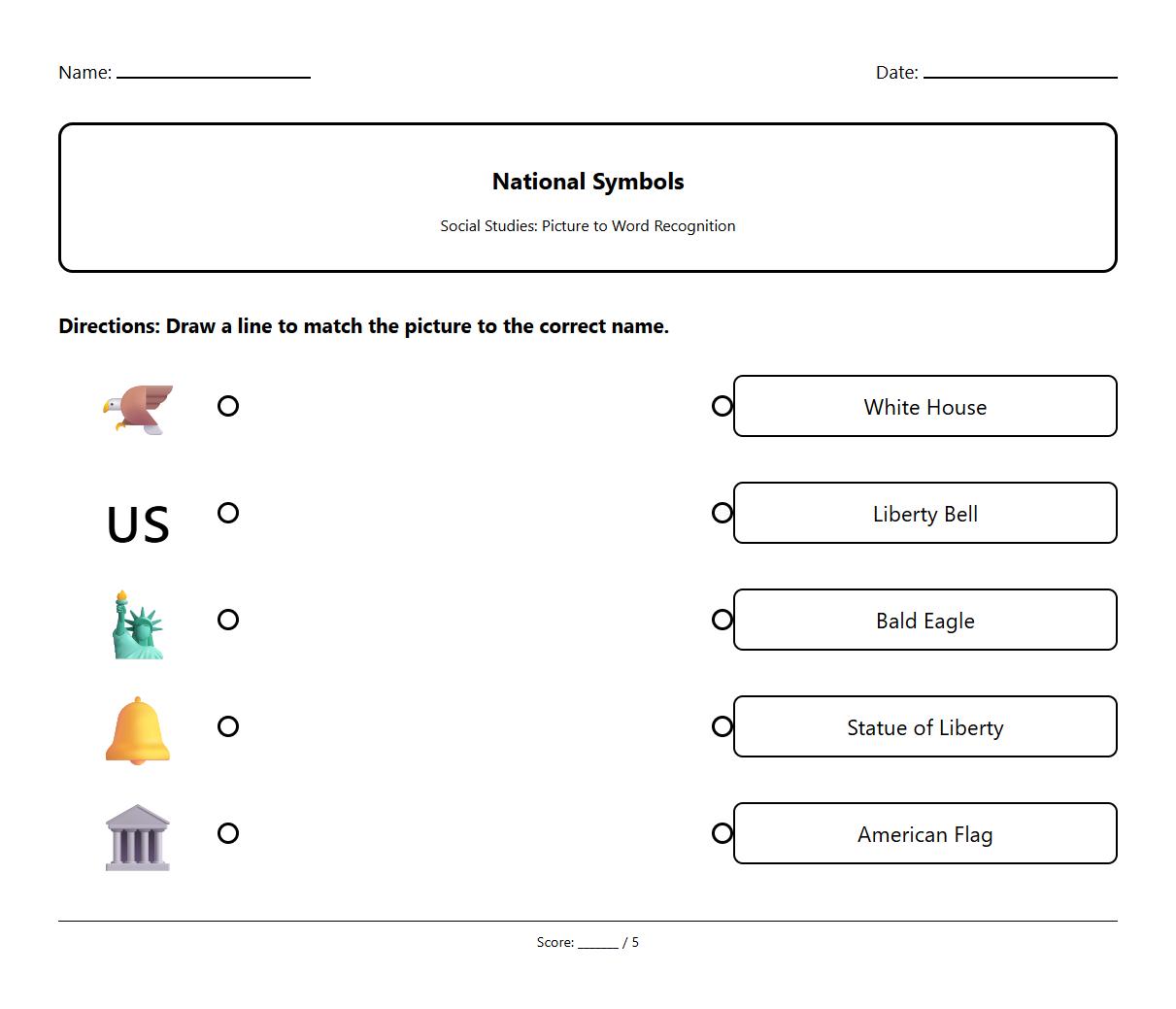National Symbols Picture to Word Recognition Worksheet