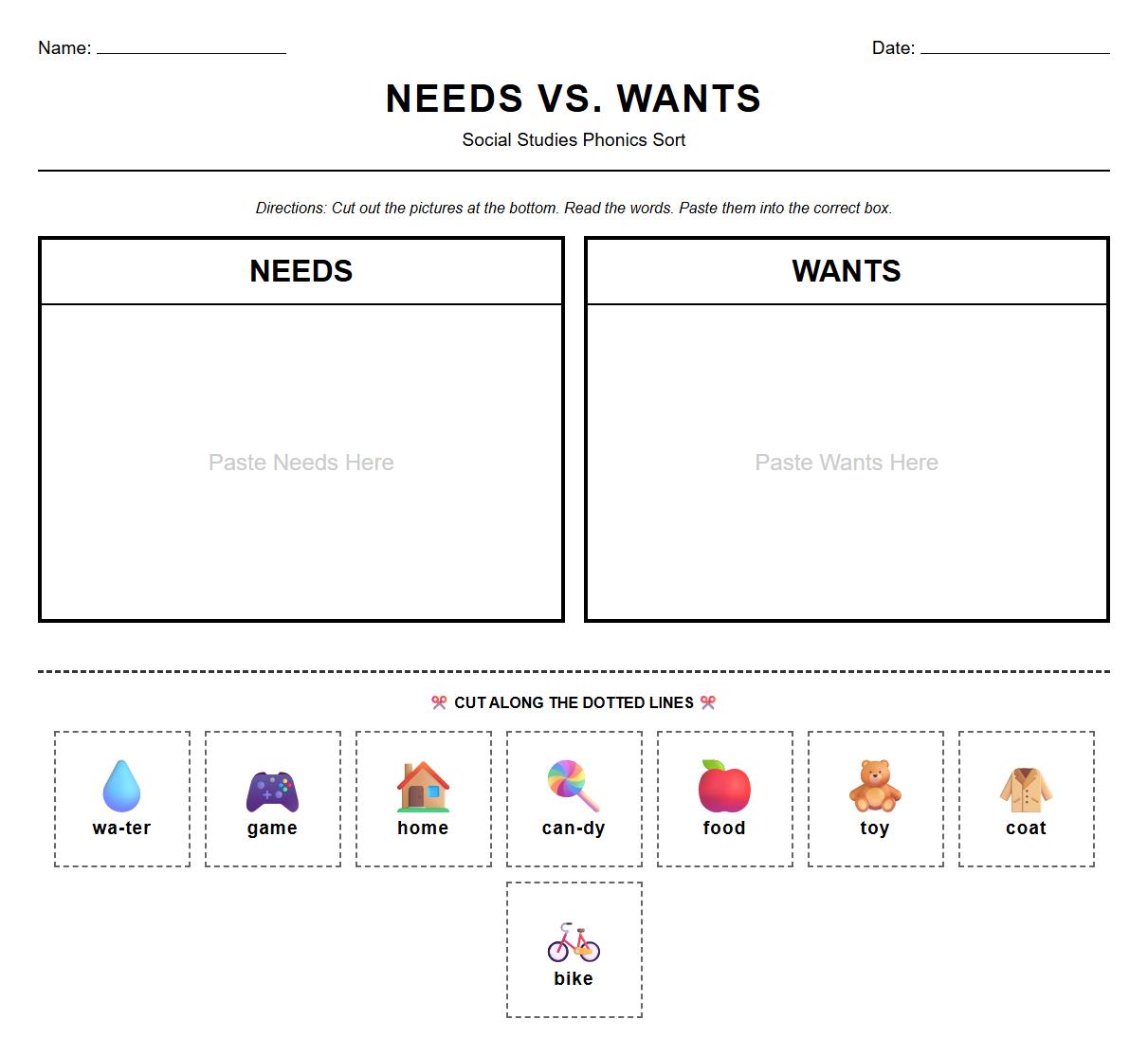 Needs vs Wants Cut and Paste Phonics Activity