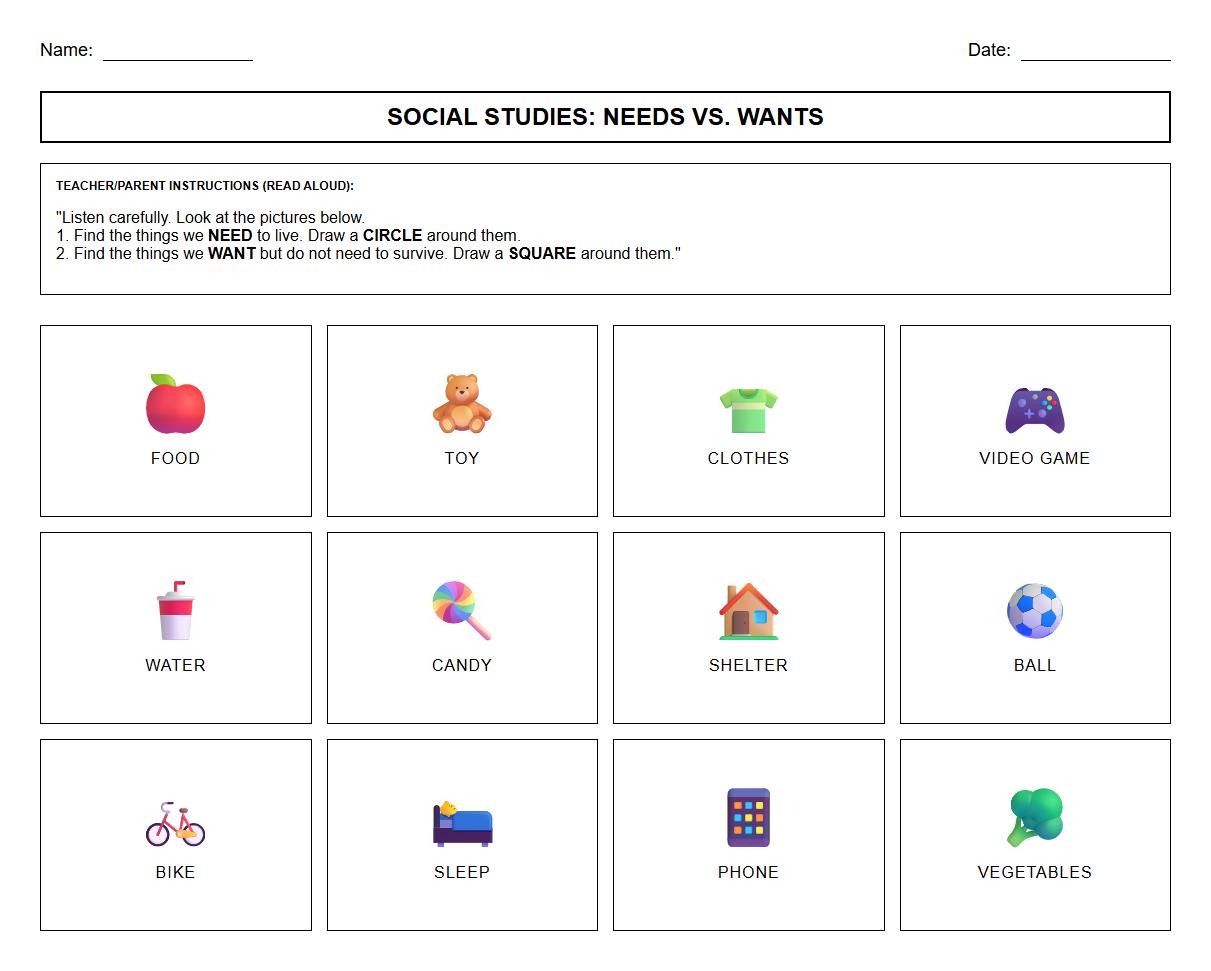 Needs Wants Categorization Listening and Circle Task