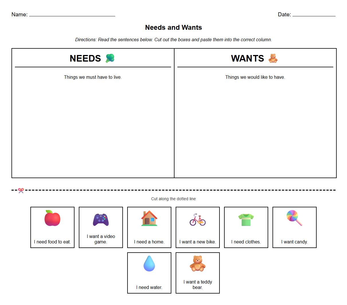 Needs and Wants Sorting Worksheet with Simple Sentences