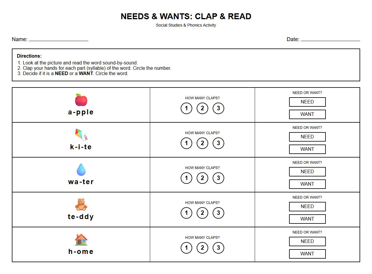 Needs and Wants Syllable Clapping with Phonics Words Worksheet