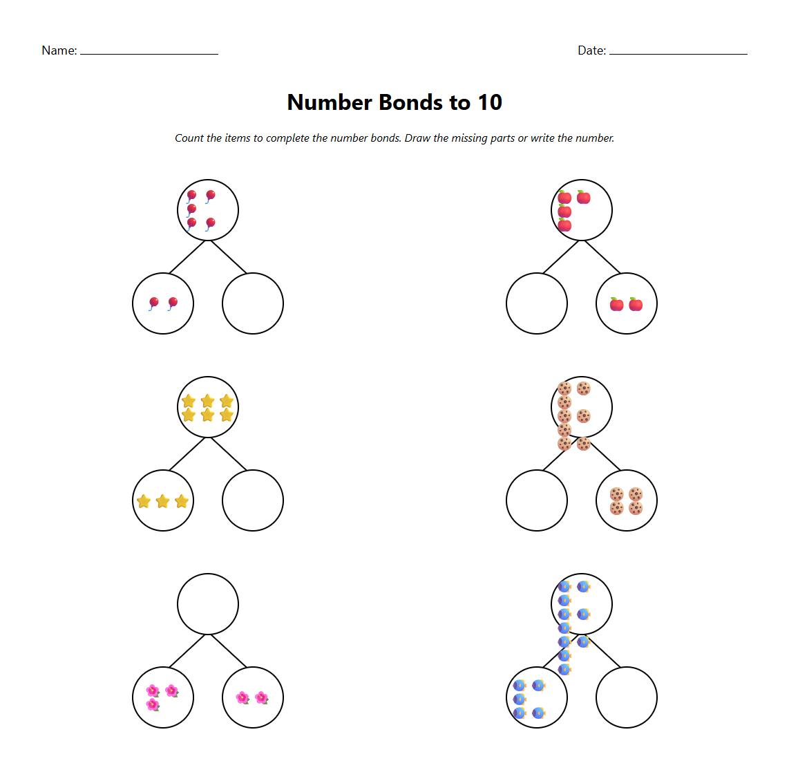Number Bonds to 10 worksheet using pictorial representations