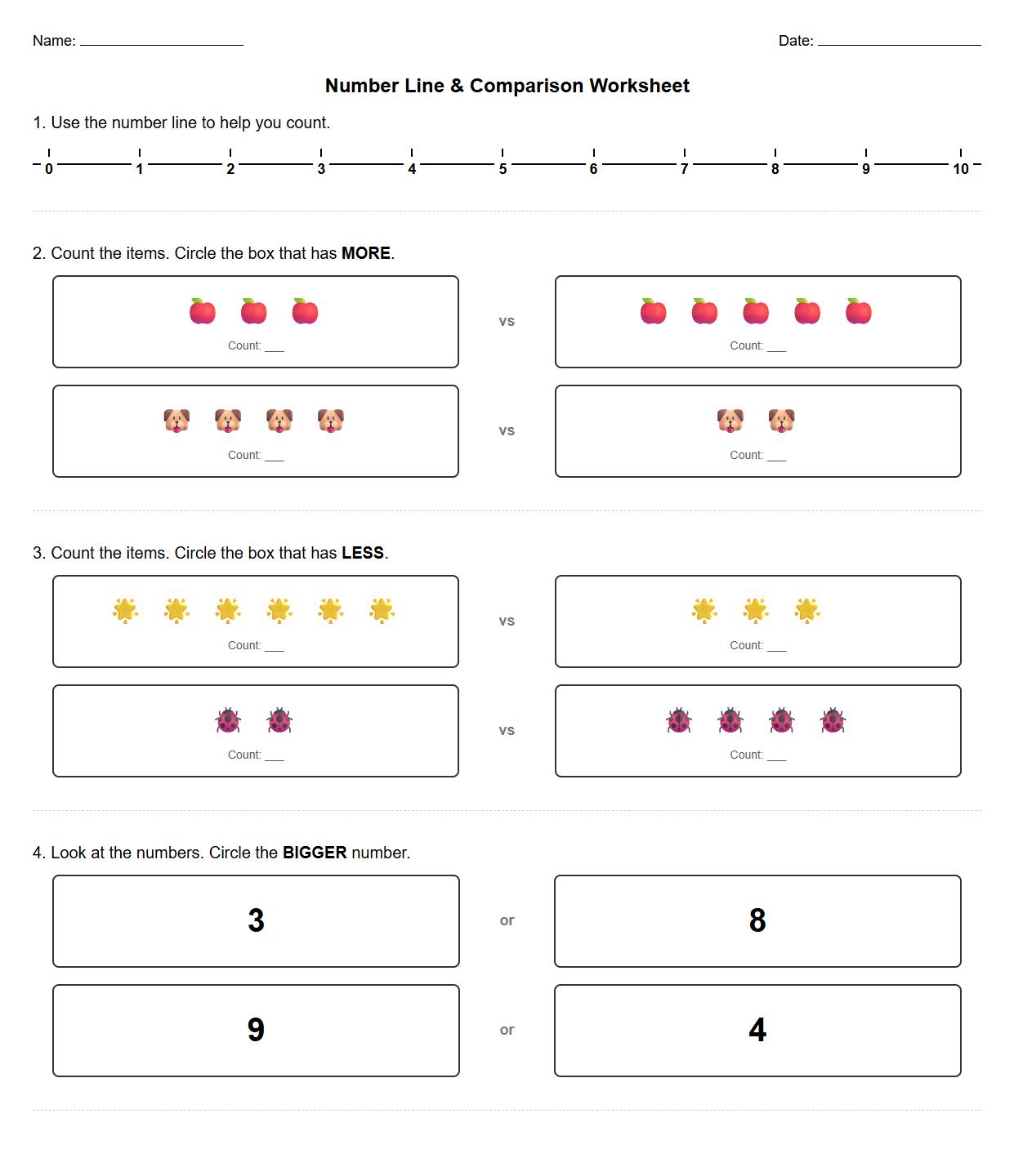 Number Line Counting and Comparison Worksheet for understanding More Versus Less