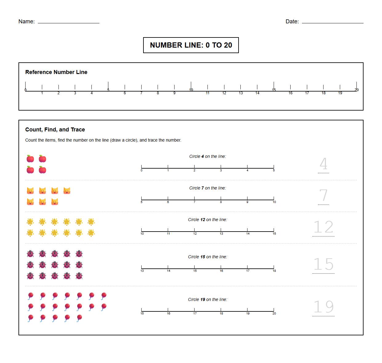 Number Line Identification and Tracing Worksheet 0 to 20