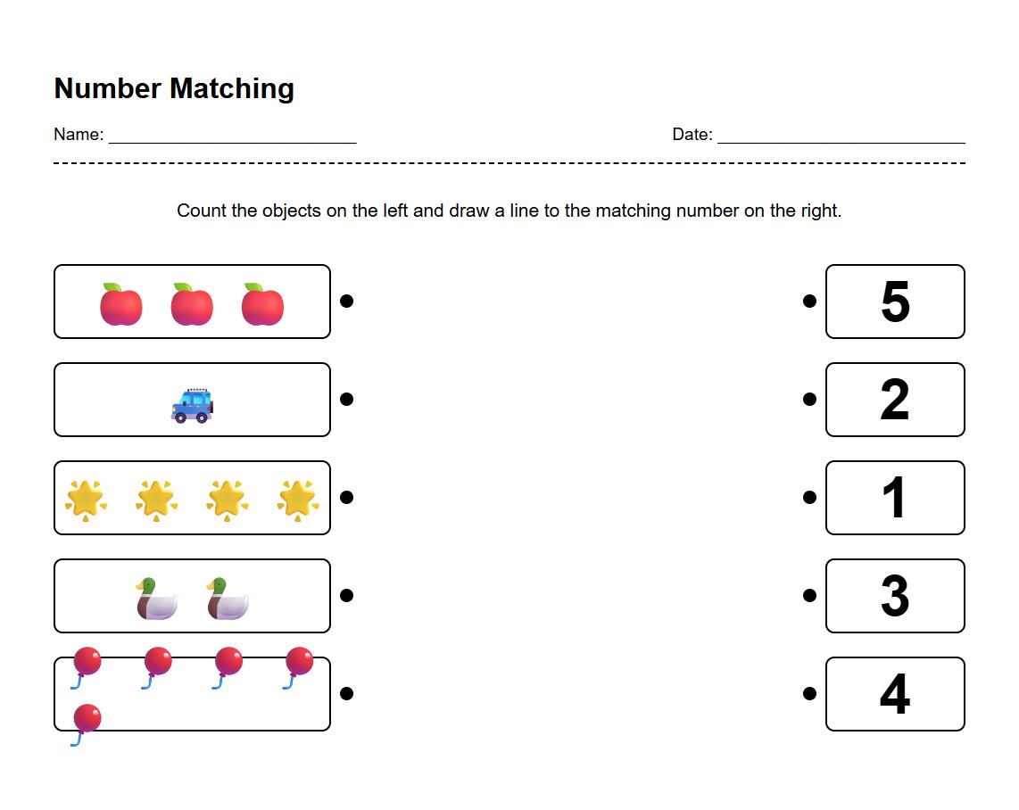 Number Matching Worksheet for Numeral and Quantity Association
