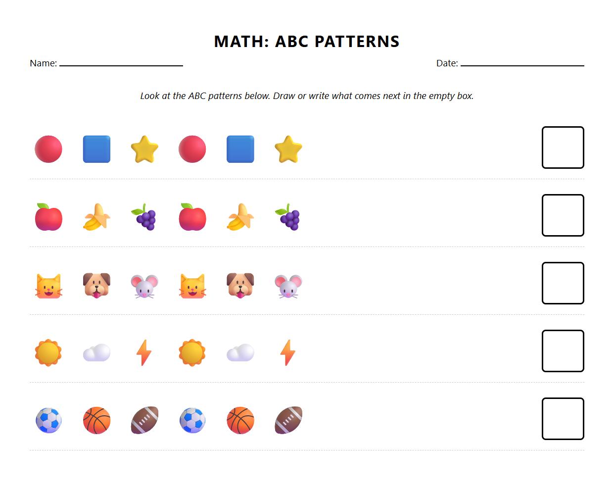 Object Arrangement in Repeating ABC Pattern Worksheet