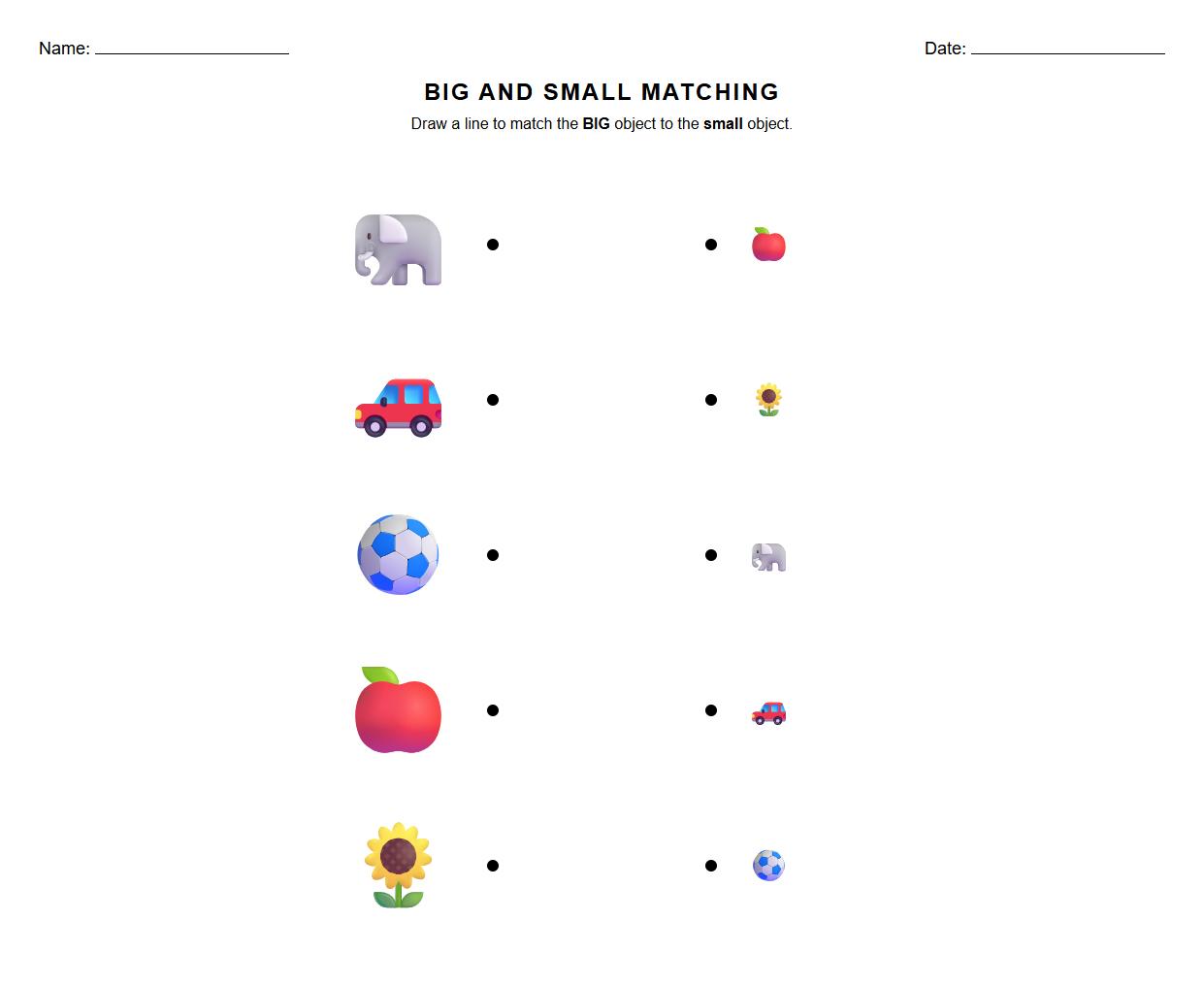 Object Matching Worksheet for Contrasting Big and Small Items