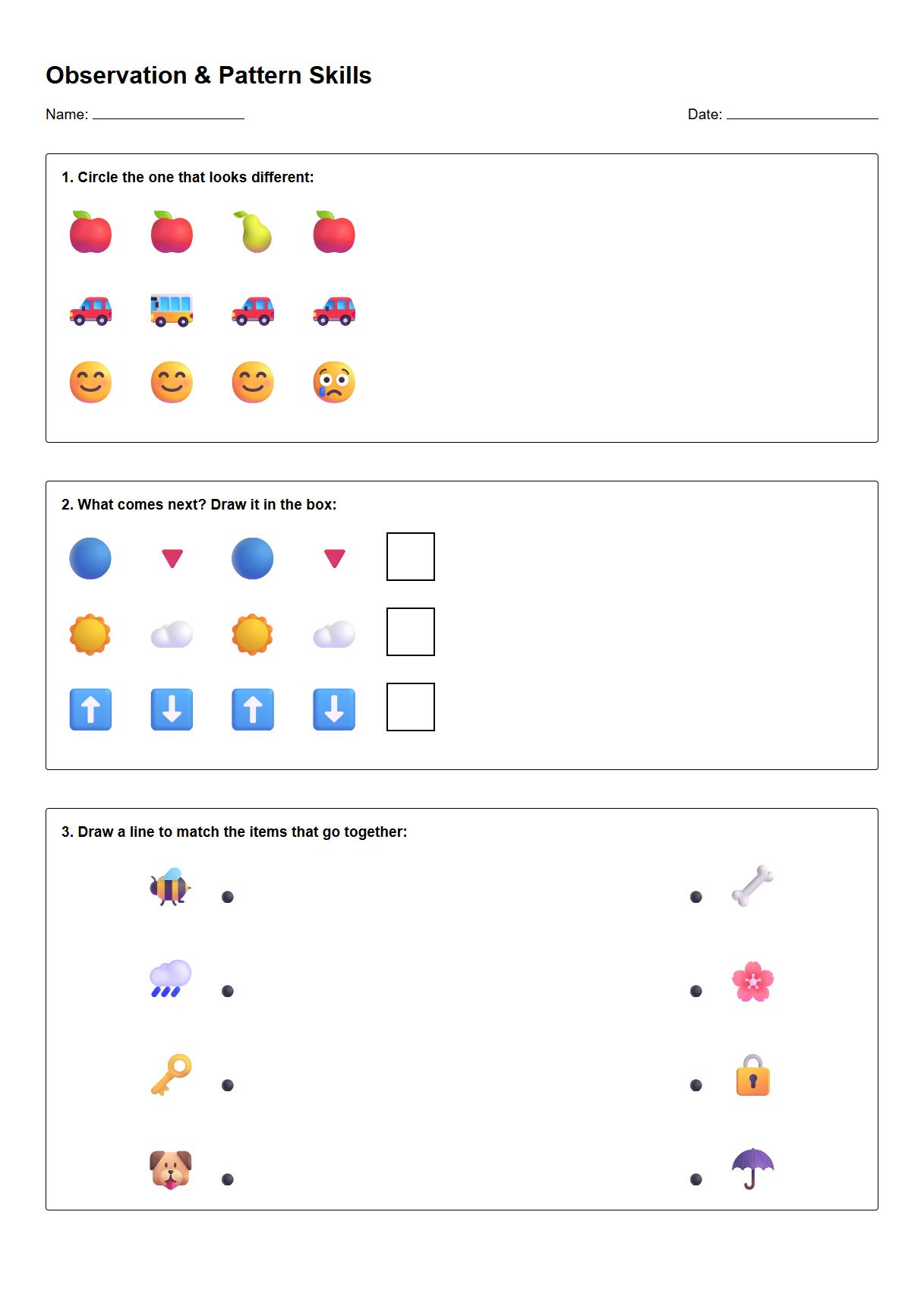 Observation Skills Worksheet using Color and Pattern Variations