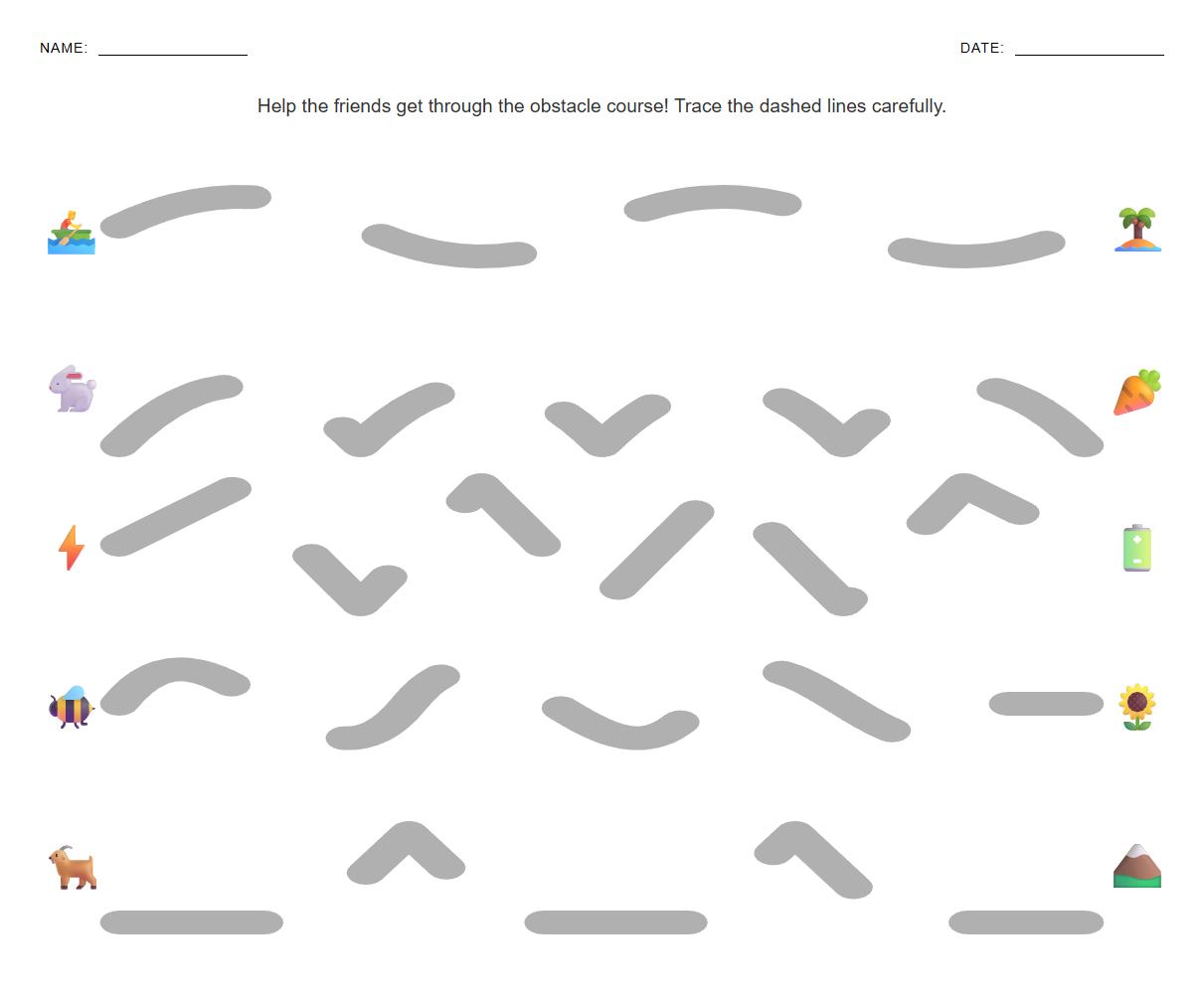 Obstacle course curve tracing worksheet for pencil control
