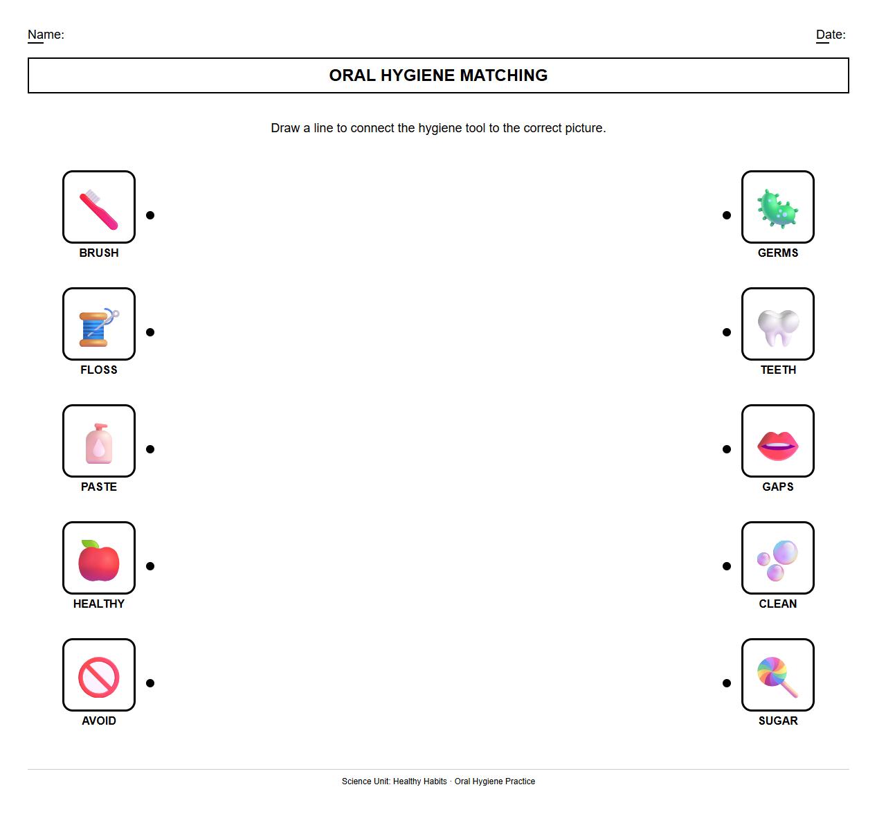 Oral Hygiene Practice Matching Worksheet