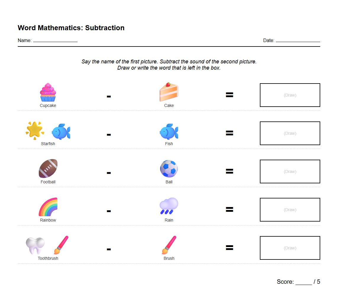 Phoneme Identification Subtraction Activity Sheet