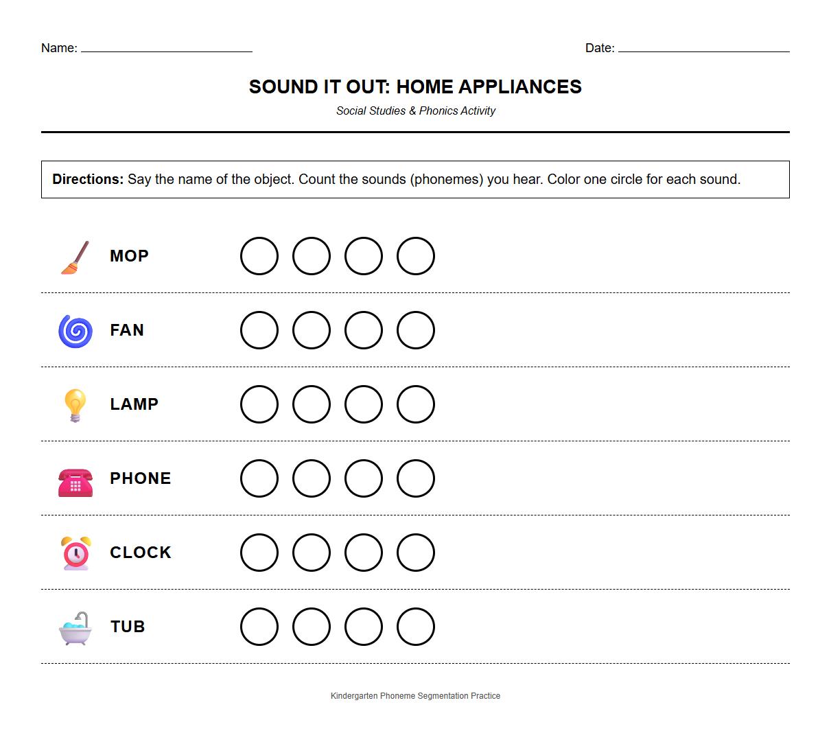Phoneme Segmentation Worksheet for Home Appliance Terms