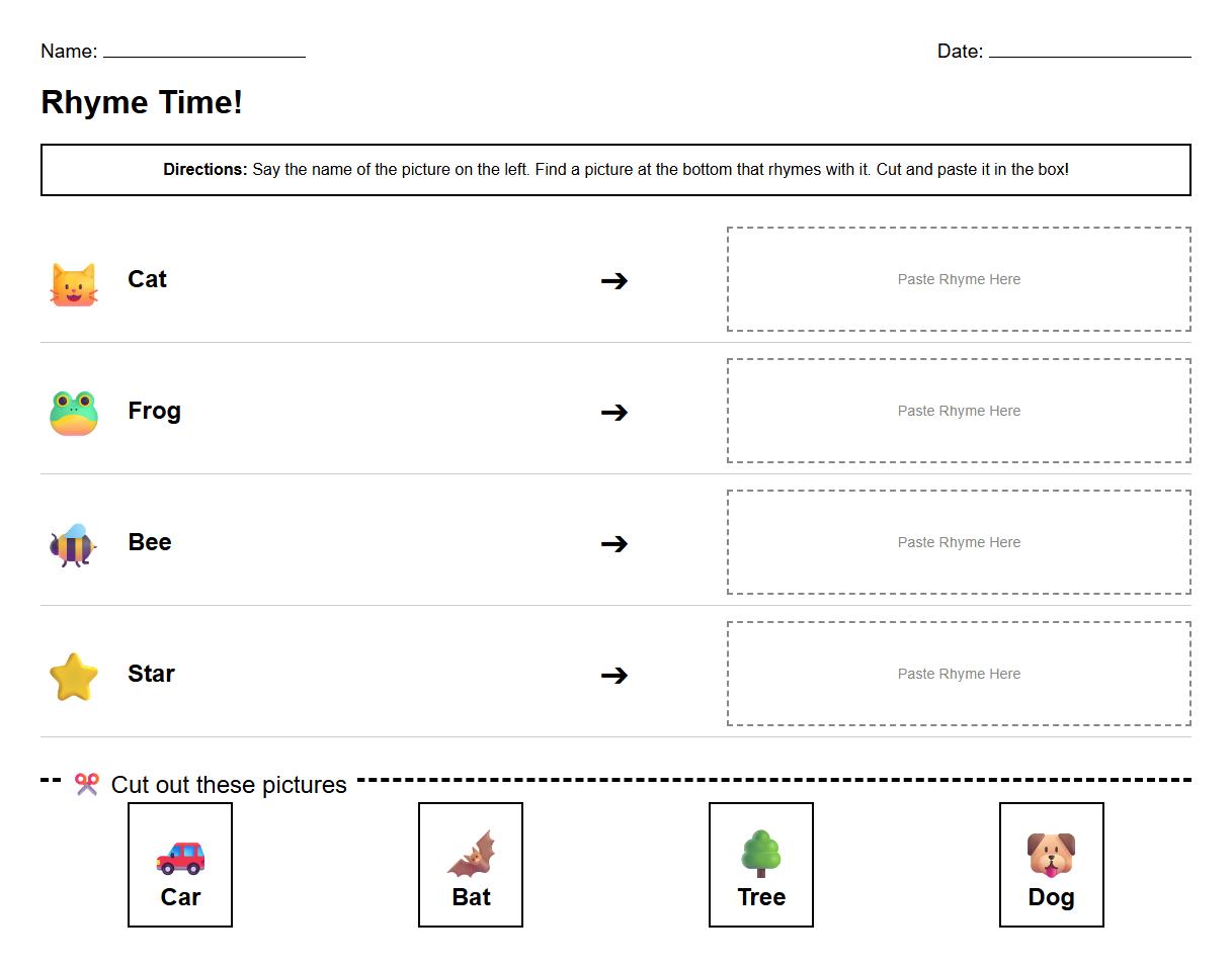Phonemic Awareness Rhyming Sort Exercise