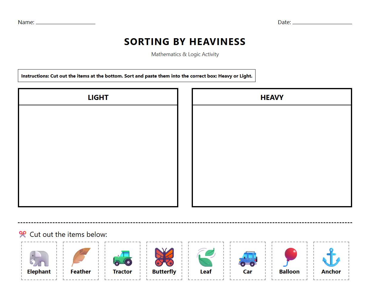 Phonics Activity Worksheet Sorting Items by Heaviness