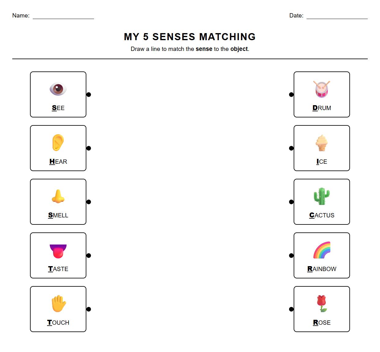 Phonics-Based Sensory Vocabulary Matching Worksheet