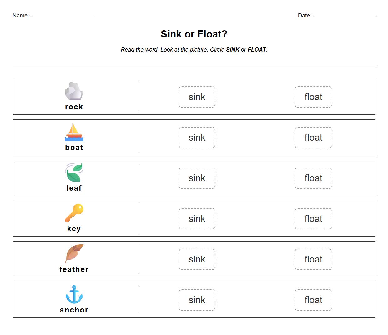 Phonics-Based Sink or Float Word Matching Worksheet