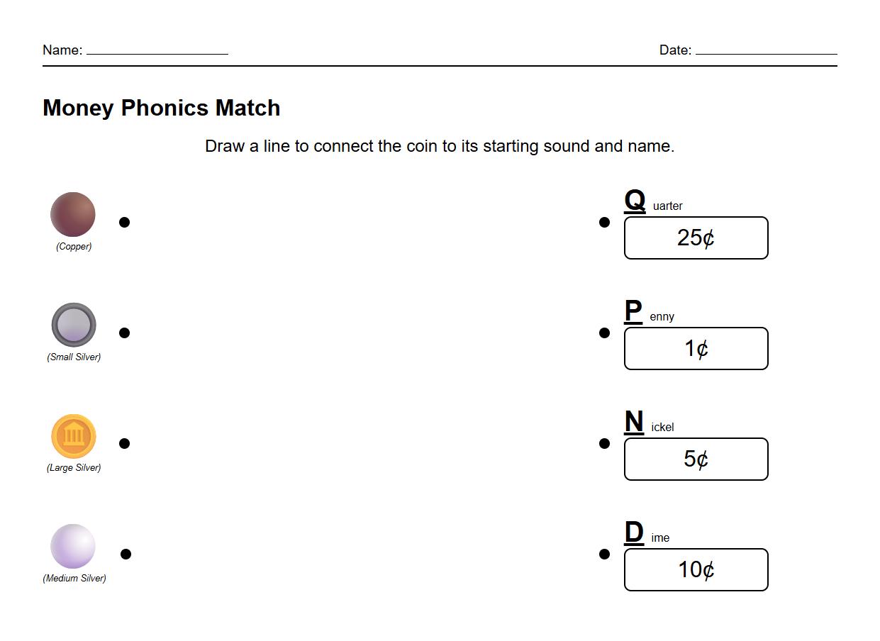 Phonics and Coin Name Matching Activity Sheet