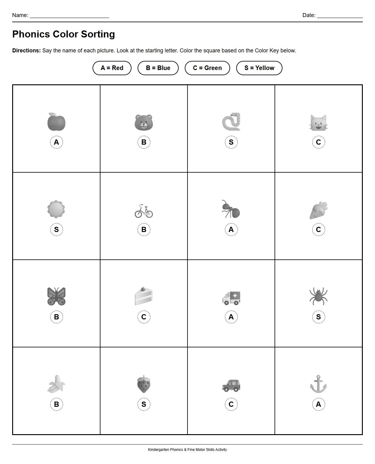 Phonics Color Sorting Worksheet with Letter Recognition